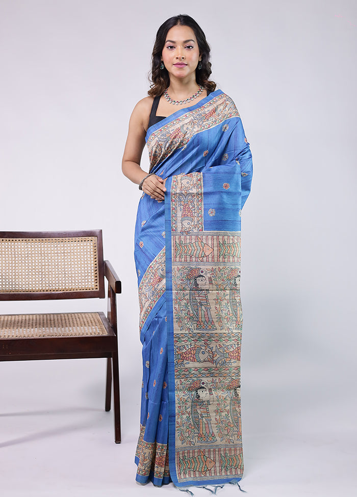 Blue Tussar Silk Saree With Blouse Piece