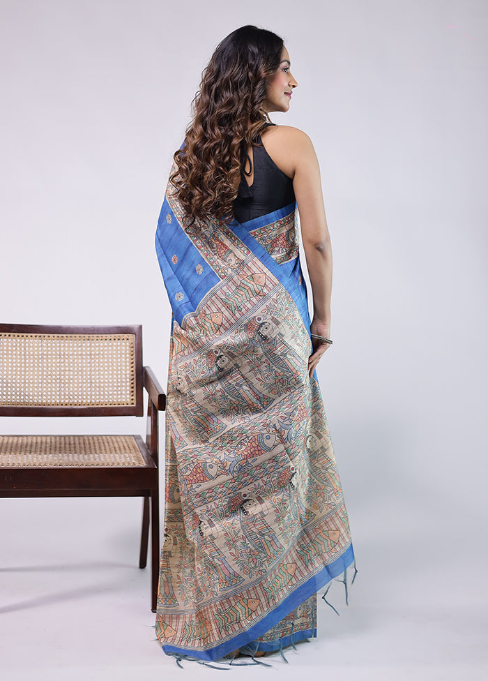 Blue Tussar Silk Saree With Blouse Piece