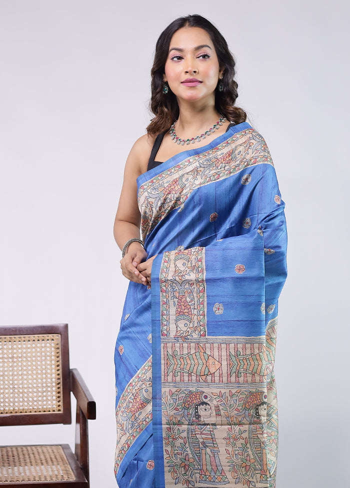 Blue Tussar Silk Saree With Blouse Piece