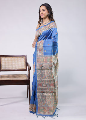 Blue Tussar Silk Saree With Blouse Piece