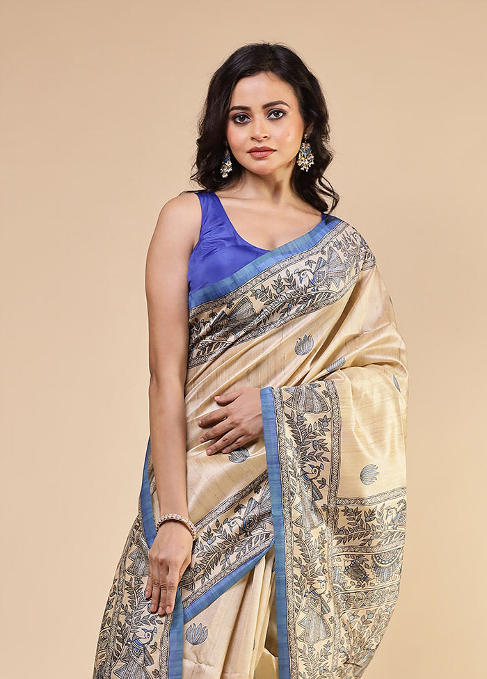 Cream Tussar Silk Saree With Blouse Piece