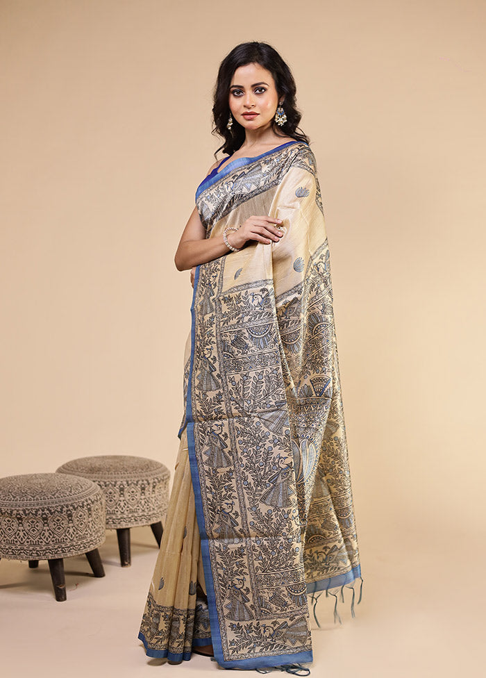 Cream Tussar Silk Saree With Blouse Piece