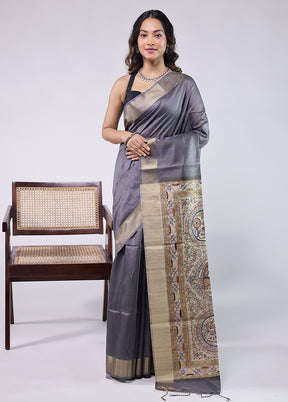 Grey Tussar Silk Saree With Blouse Piece