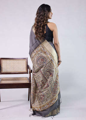 Grey Tussar Silk Saree With Blouse Piece