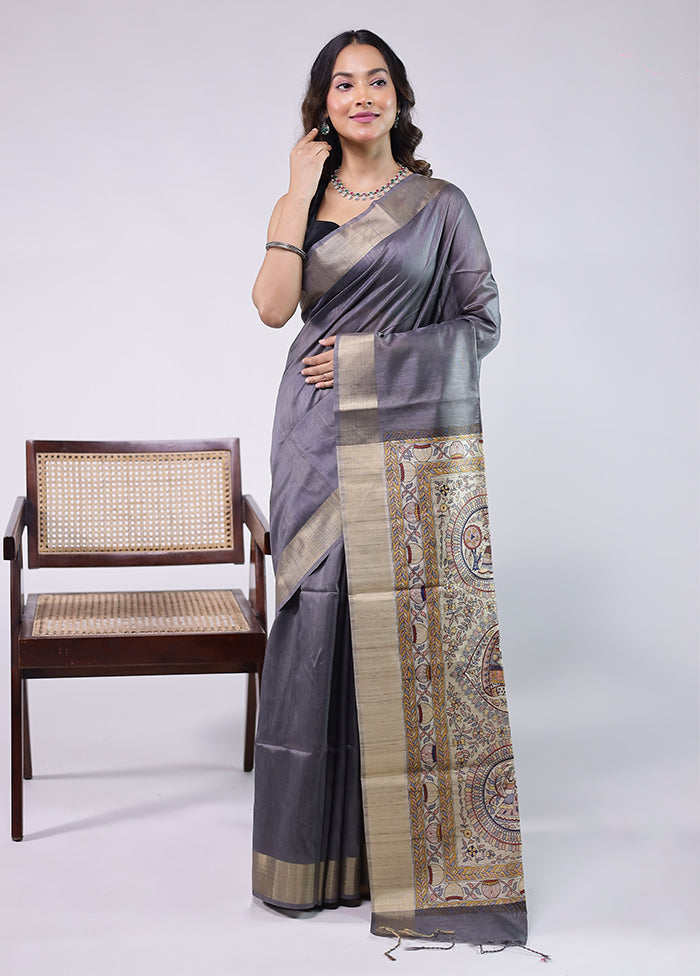 Grey Tussar Silk Saree With Blouse Piece