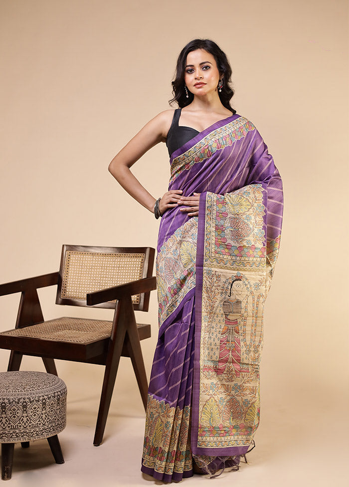 Purple Tussar Silk Saree With Blouse Piece