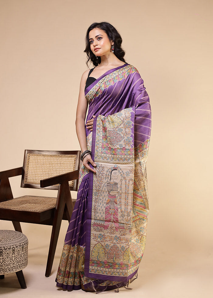 Purple Tussar Silk Saree With Blouse Piece