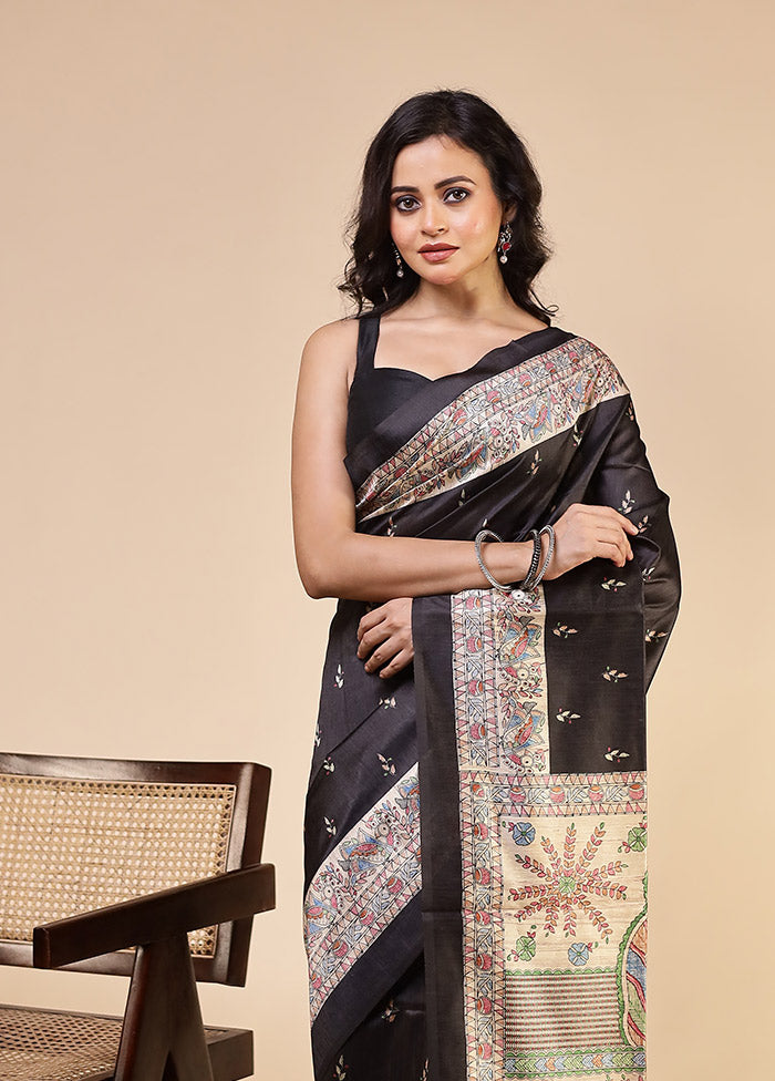 Black Tussar Silk Saree With Blouse Piece
