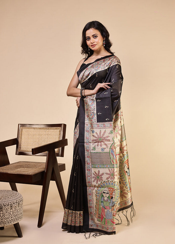 Black Tussar Silk Saree With Blouse Piece