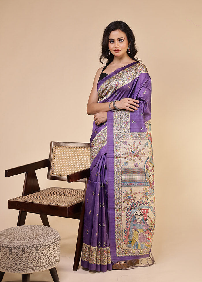 Purple Tussar Silk Saree With Blouse Piece