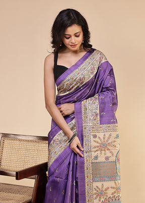Purple Tussar Silk Saree With Blouse Piece