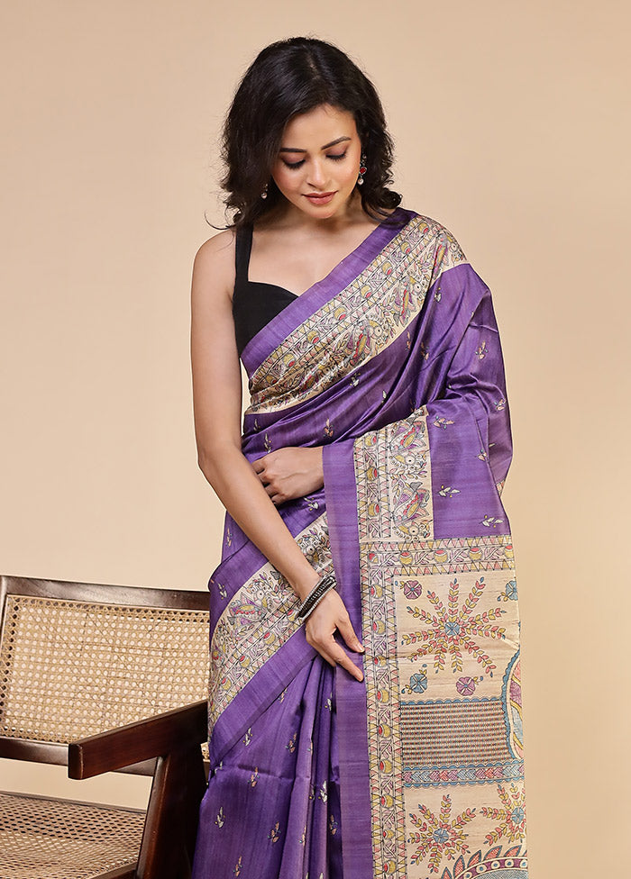 Purple Tussar Silk Saree With Blouse Piece