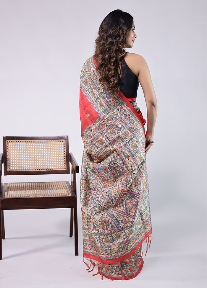 Red Tussar Silk Saree With Blouse Piece