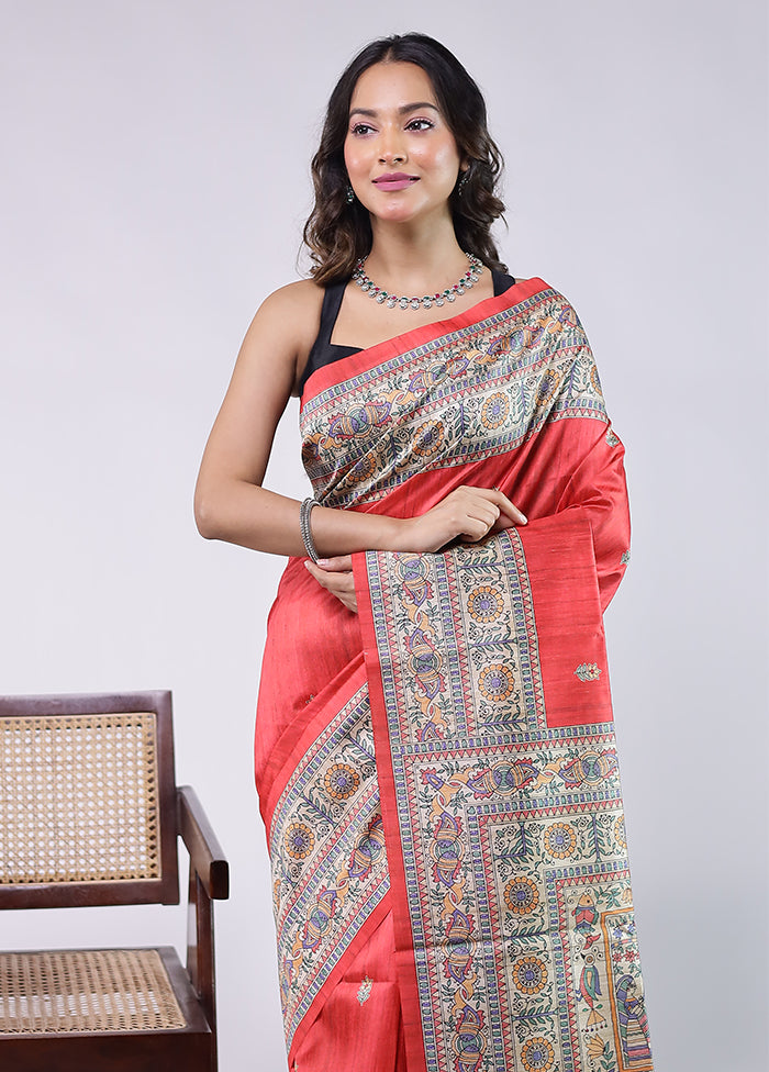 Red Tussar Silk Saree With Blouse Piece