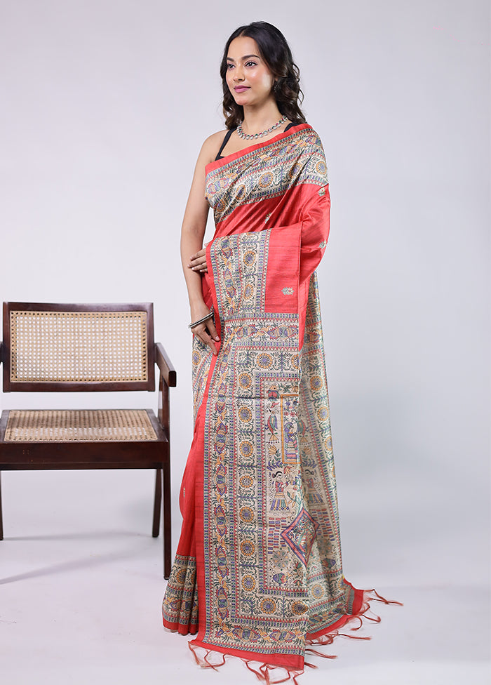 Red Tussar Silk Saree With Blouse Piece