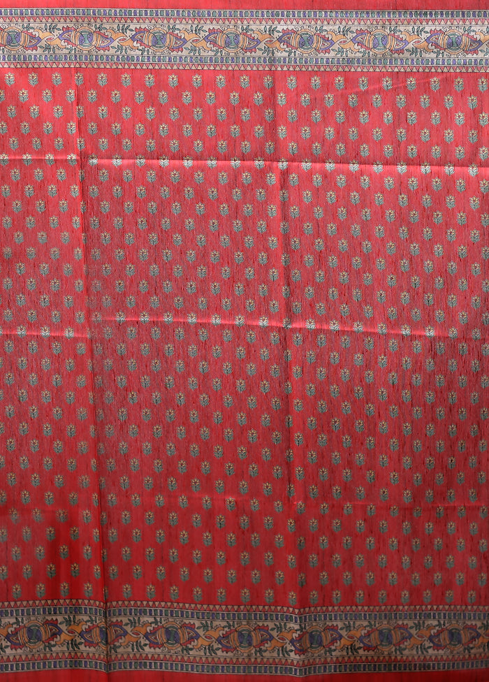 Red Tussar Silk Saree With Blouse Piece