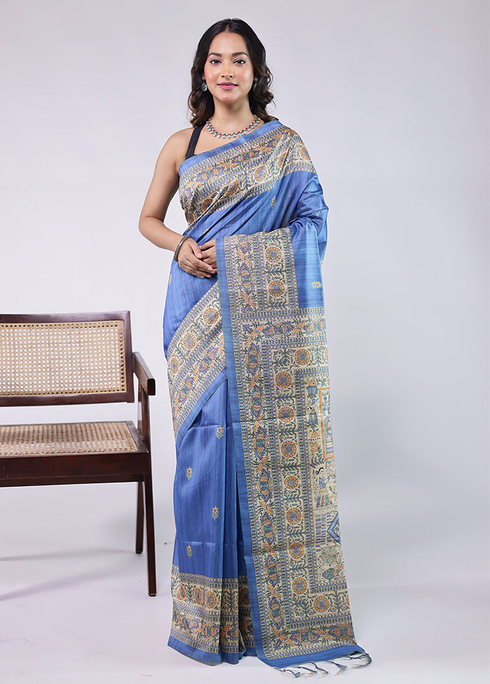 Blue Tussar Silk Saree With Blouse Piece