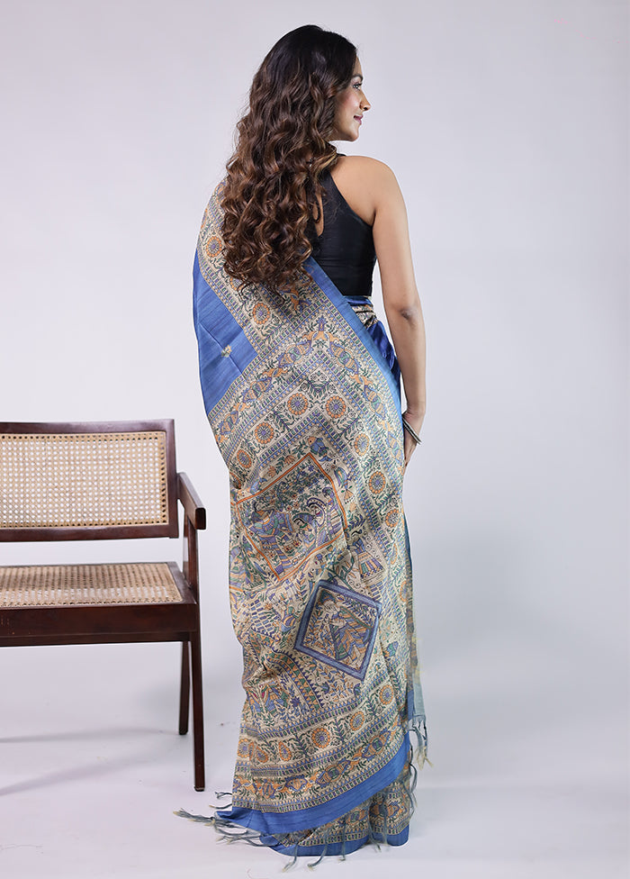 Blue Tussar Silk Saree With Blouse Piece