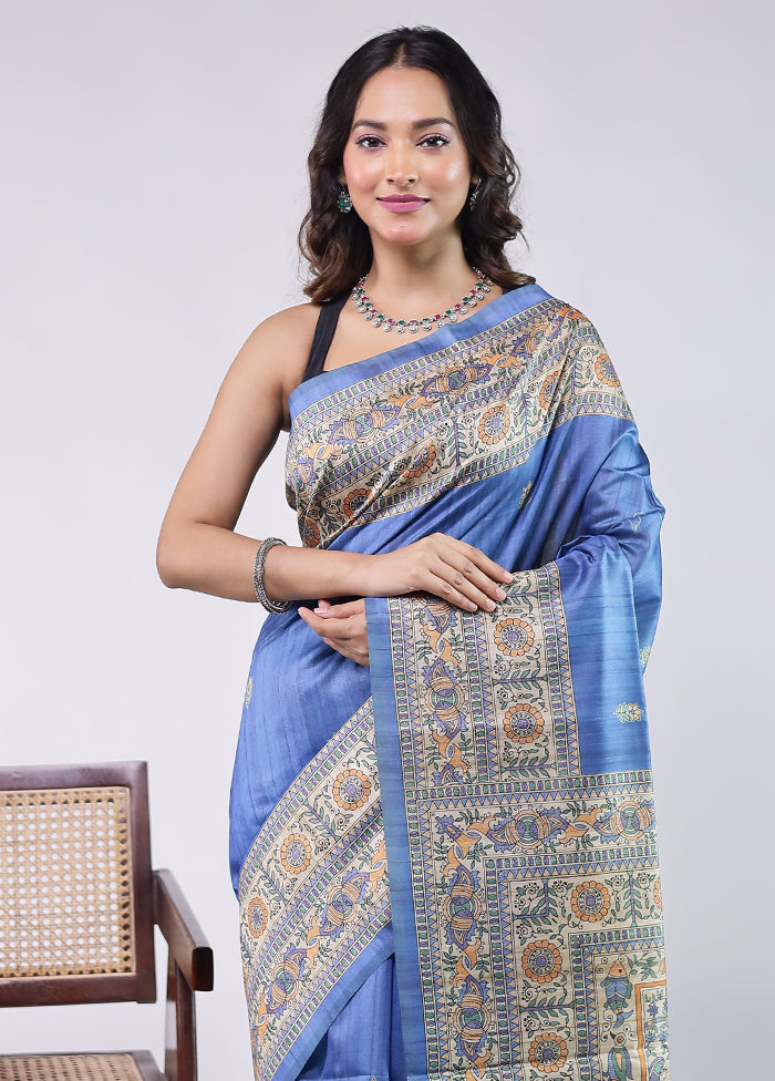 Blue Tussar Silk Saree With Blouse Piece