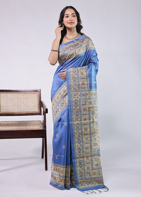 Blue Tussar Silk Saree With Blouse Piece