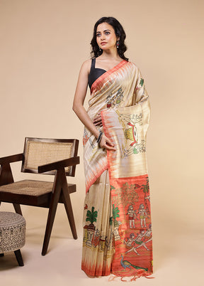 Cream Tussar Silk Saree With Blouse Piece