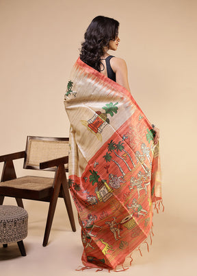 Cream Tussar Silk Saree With Blouse Piece