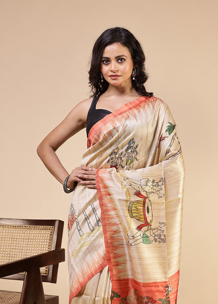 Cream Tussar Silk Saree With Blouse Piece