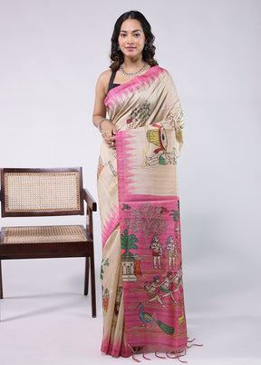 Cream Tussar Silk Saree With Blouse Piece