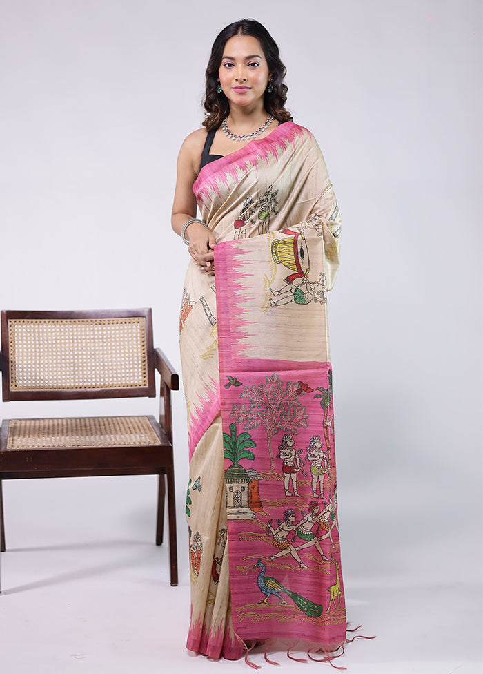 Cream Tussar Silk Saree With Blouse Piece