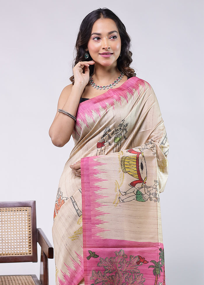 Cream Tussar Silk Saree With Blouse Piece