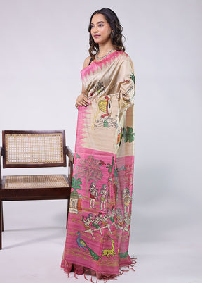 Cream Tussar Silk Saree With Blouse Piece