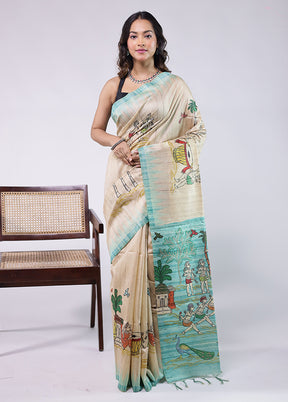 Cream Tussar Silk Saree With Blouse Piece