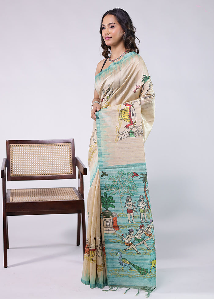 Cream Tussar Silk Saree With Blouse Piece