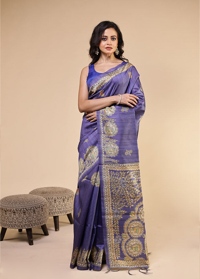 Purple Tussar Silk Saree With Blouse Piece