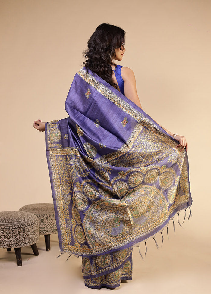 Purple Tussar Silk Saree With Blouse Piece