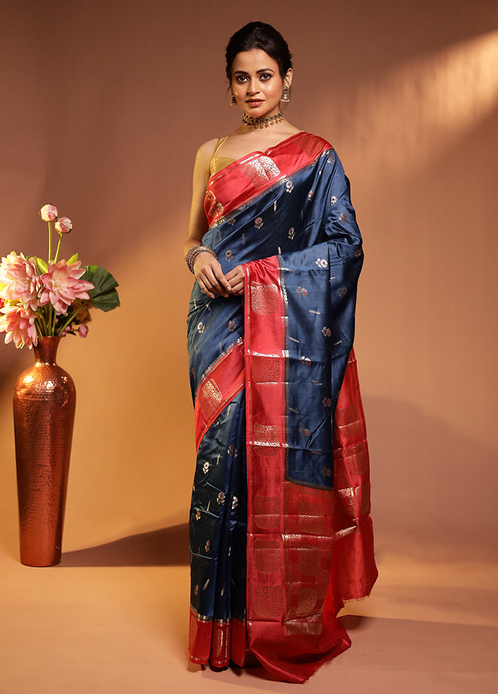 Blue Dupion Silk Saree With Blouse Piece