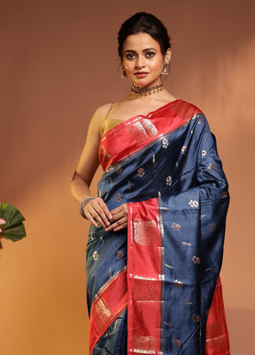 Blue Dupion Silk Saree With Blouse Piece