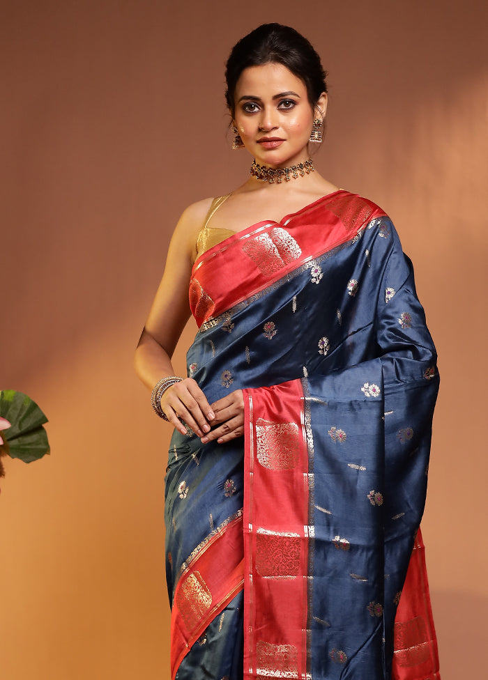 Blue Dupion Silk Saree With Blouse Piece