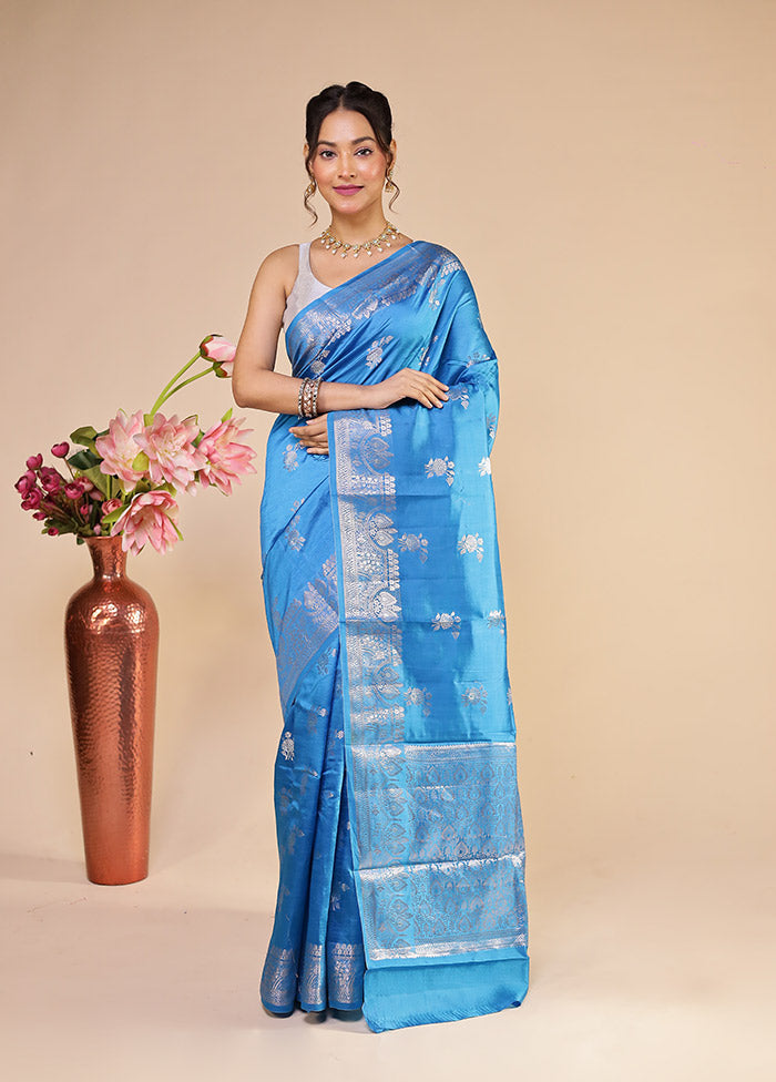 Blue Handloom Dupion Pure Silk Saree With Blouse Piece