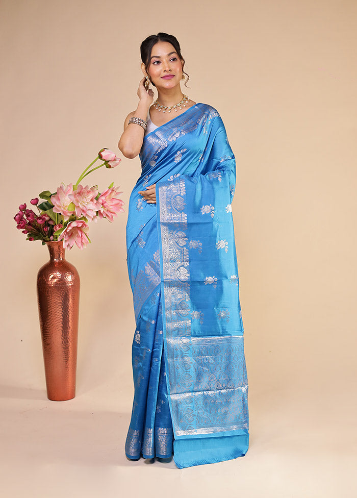 Blue Handloom Dupion Pure Silk Saree With Blouse Piece