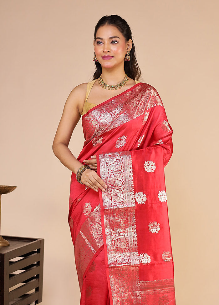 Red Handloom Dupion Pure Silk Saree With Blouse Piece