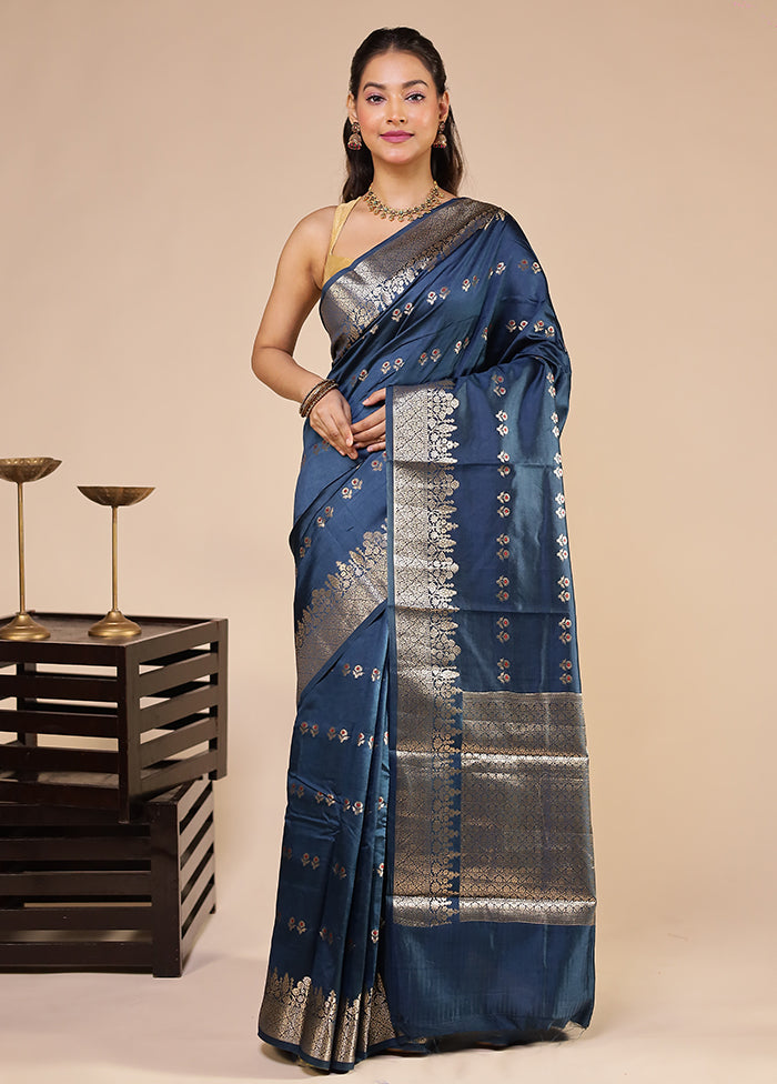 Blue Dupion Silk Saree With Blouse Piece