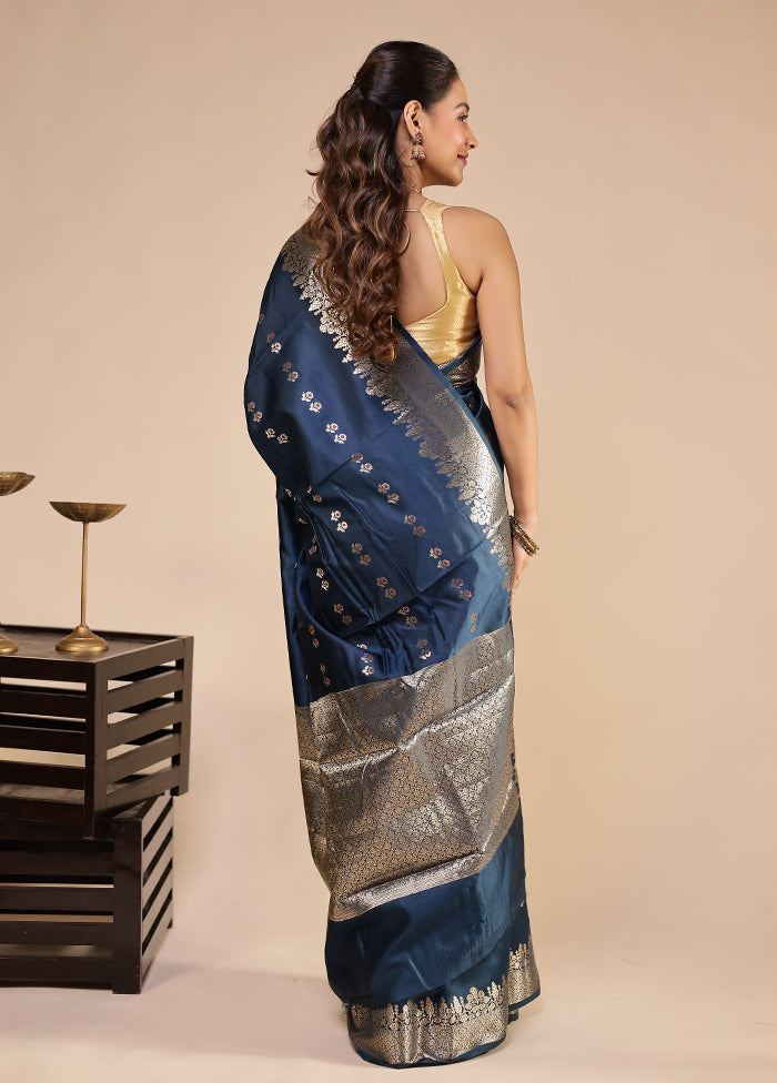 Blue Dupion Silk Saree With Blouse Piece
