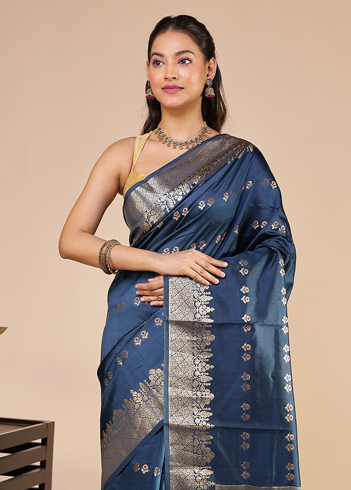 Blue Dupion Silk Saree With Blouse Piece