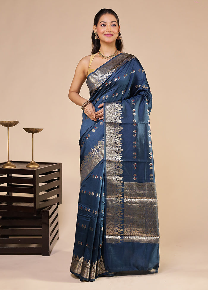 Blue Dupion Silk Saree With Blouse Piece