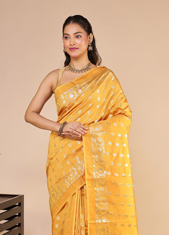 Yellow Dupion Silk Saree With Blouse Piece