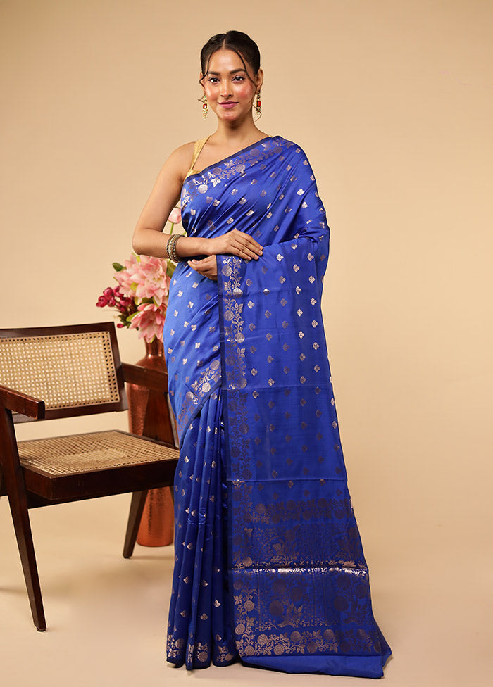 Blue Dupion Silk Saree With Blouse Piece