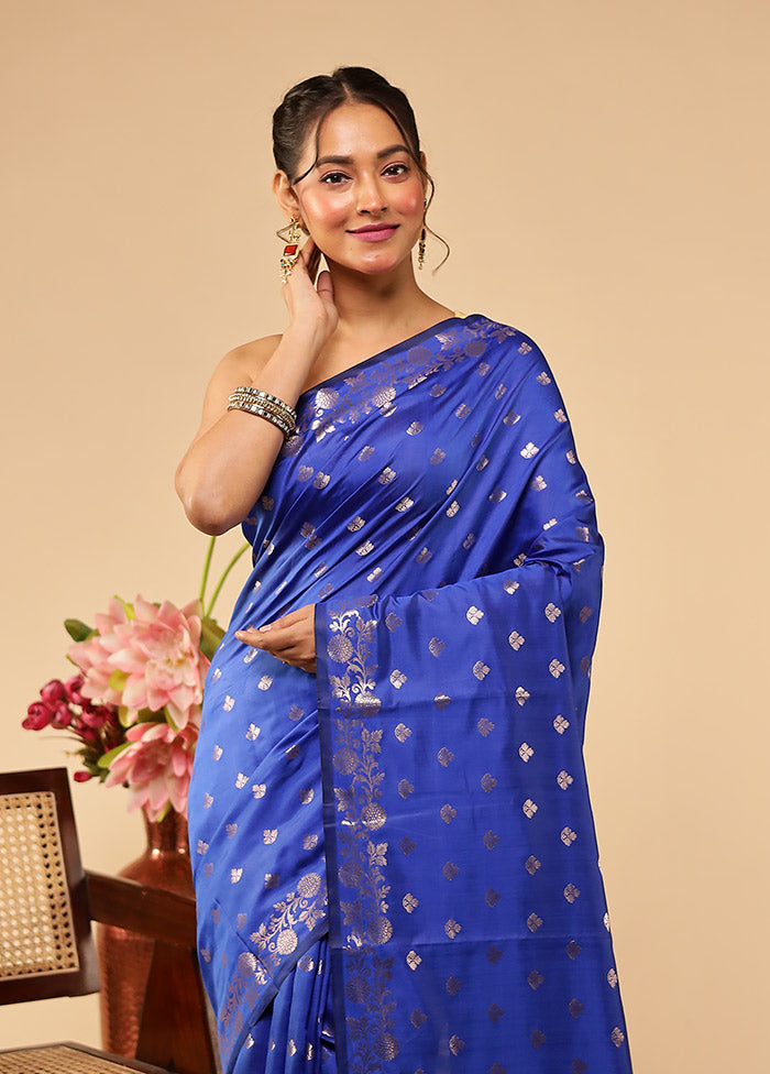 Blue Dupion Silk Saree With Blouse Piece