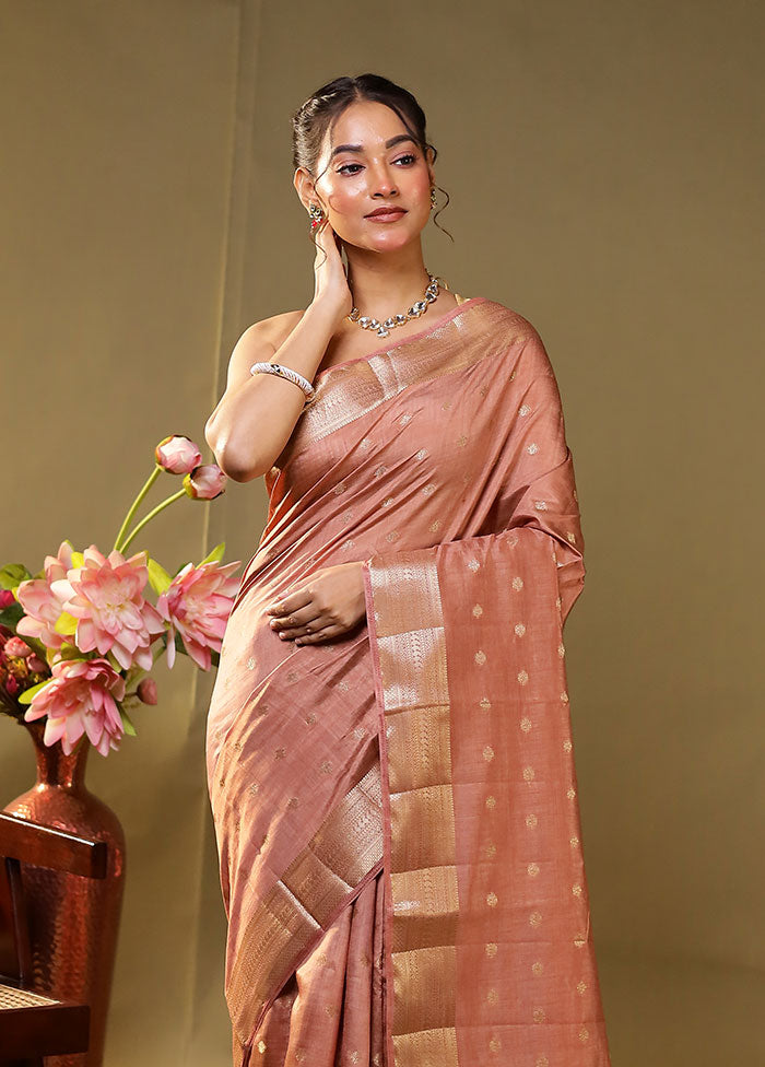 Peach Dupion Silk Saree With Blouse Piece