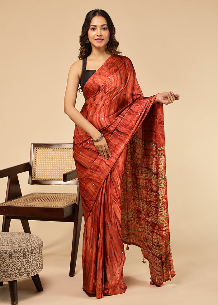 Rust Printed Silk Saree Without Blouse Piece